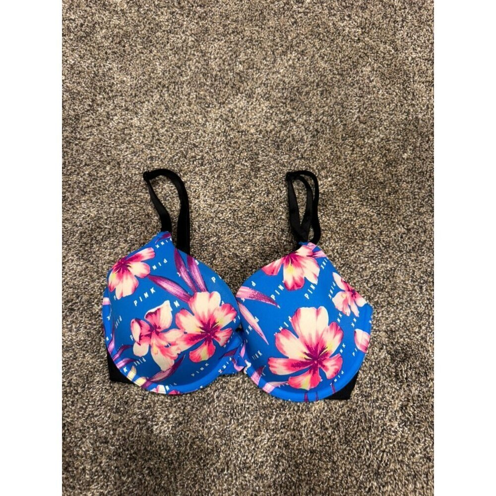 Pink By Victoria Secret Everywhere T Shirt Bra Floral Blue 32DD EUC - Picture 2 of 5